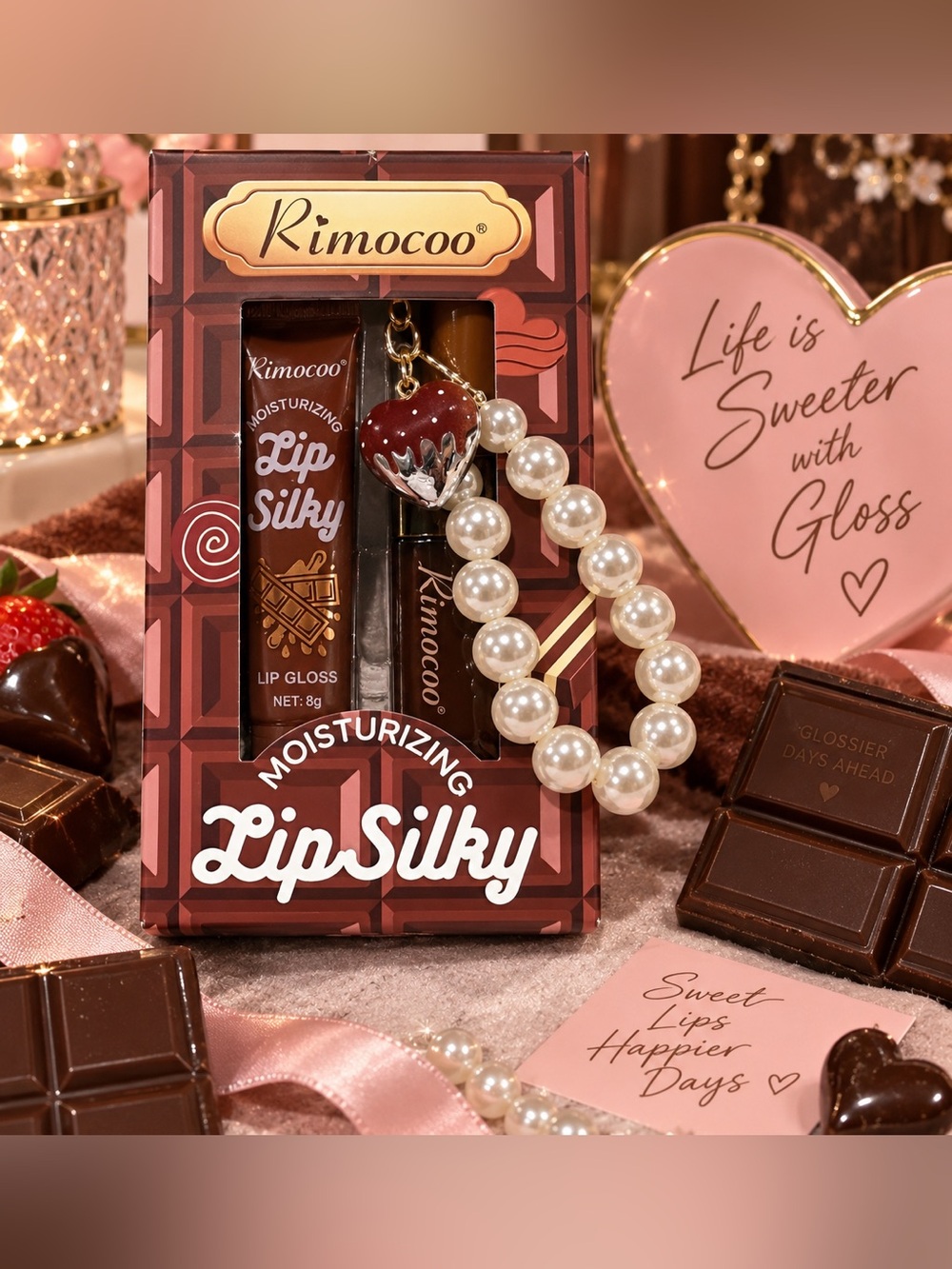 🍫 NIB Rimocoo Chocolate Moisturizing Lip Silky Gloss Duo + Pearl Keychain R5167